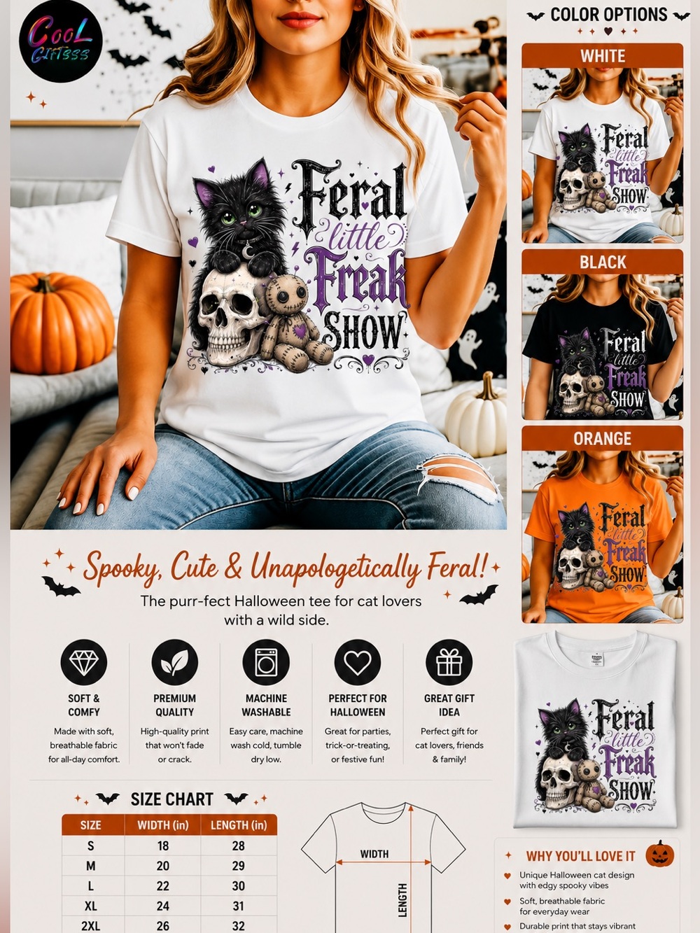 Orange 'Feral Little Freak Show' Cat Graphic Tee New S M L XL cute kitty Goth